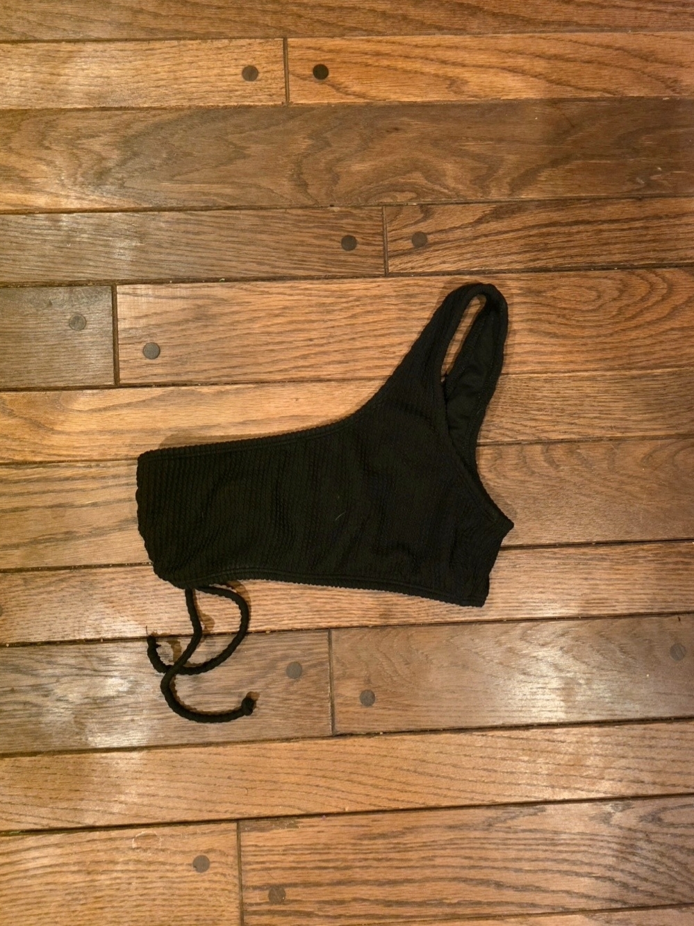 One-Shoulder Black Ribbed Swim Bikini Top
